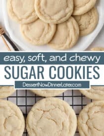 Pinterest collage of Easy Sugar Cookies with two images and text in the center.