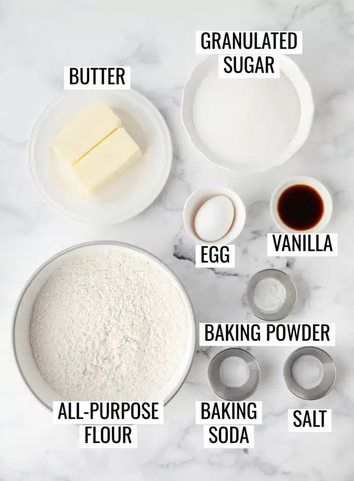 Labeled ingredients to make drop sugar cookies.