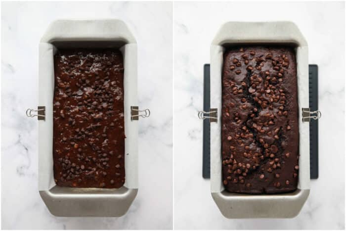 Before and after baking chocolate banana bread in a pan with chocolate chips on top.