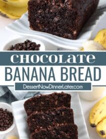 Pinterest collage of Chocolate Banana Bread with two images and text in the center.