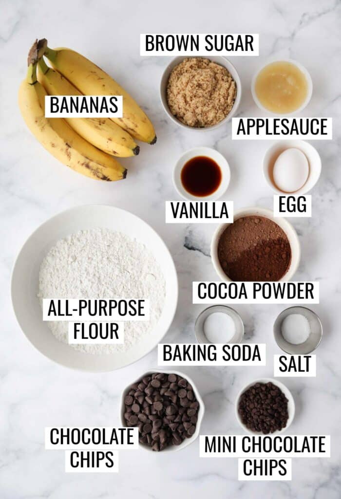 Labeled ingredients needed to make chocolate banana bread.