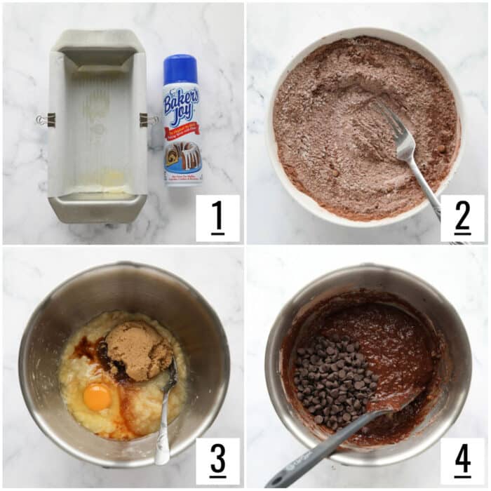 Steps to make chocolate banana bread.