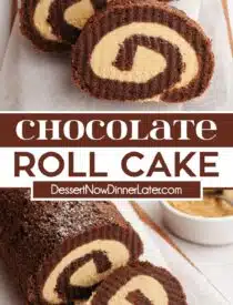 Pinterest collage of Chocolate Roll Cake with two images and text in the center.