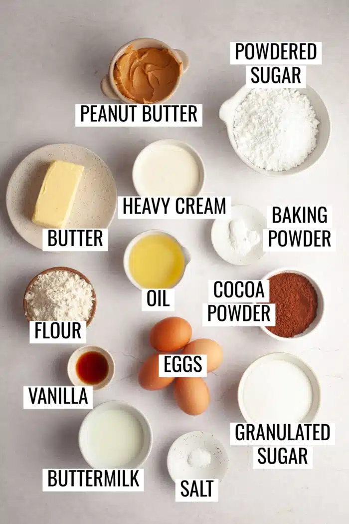 Labeled ingredients needed to make a Chocolate Roll Cake with Peanut Butter Filling.