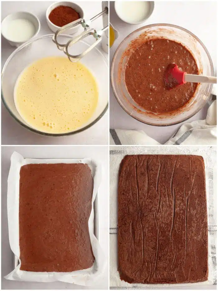 Steps to make a chocolate sponge roulade.