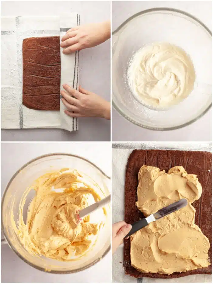 Steps to make peanut butter filling for a chocolate roll cake.