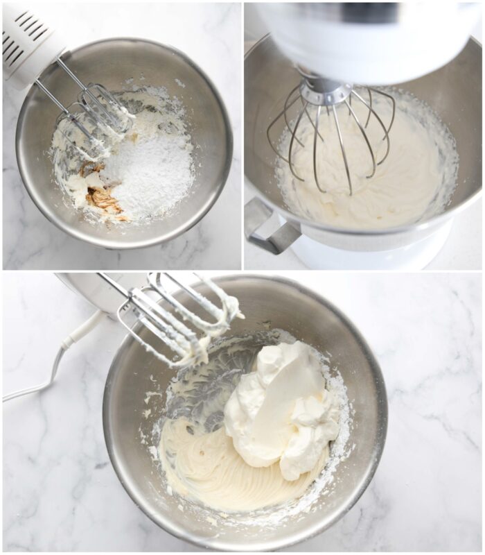 Steps to make whipped cream cheese frosting.