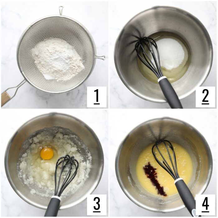 Steps 1-4 to make homemade vanilla cupcakes.