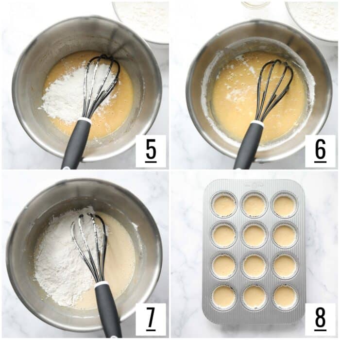 Steps 5-8 to make homemade vanilla cupcakes.