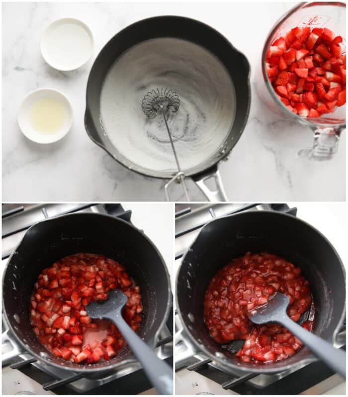 Steps to make strawberry sauce topping.