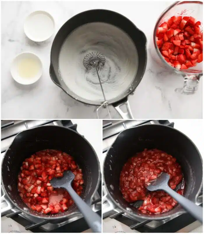 Steps to make strawberry sauce topping.