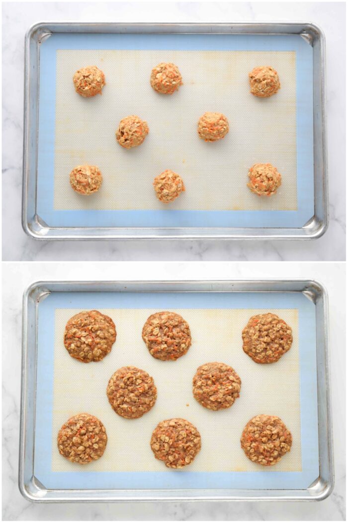 Before and after baking carrot cake cookies.