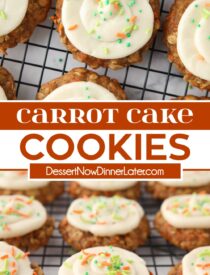 Pinterest collage of Carrot Cake Cookies with two images and text in the center.