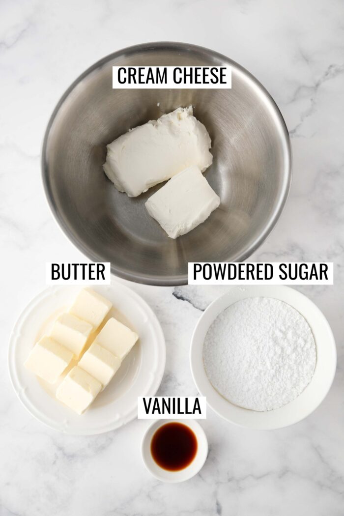 Labeled ingredients needed to make cream cheese frosting.