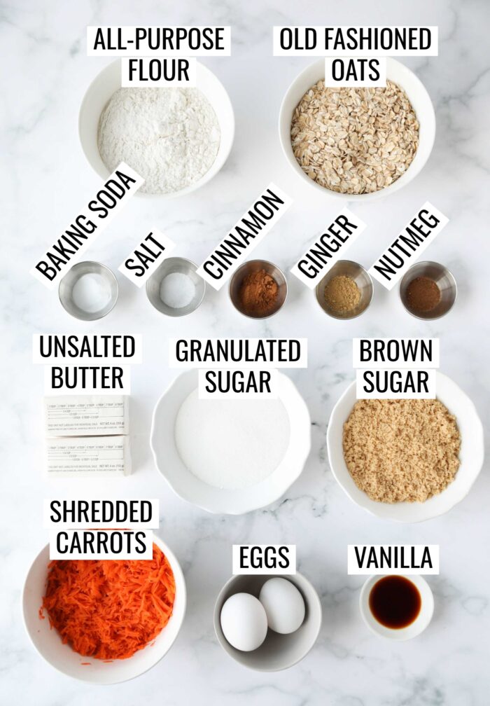 Labeled ingredients needed to make carrot cake cookies.