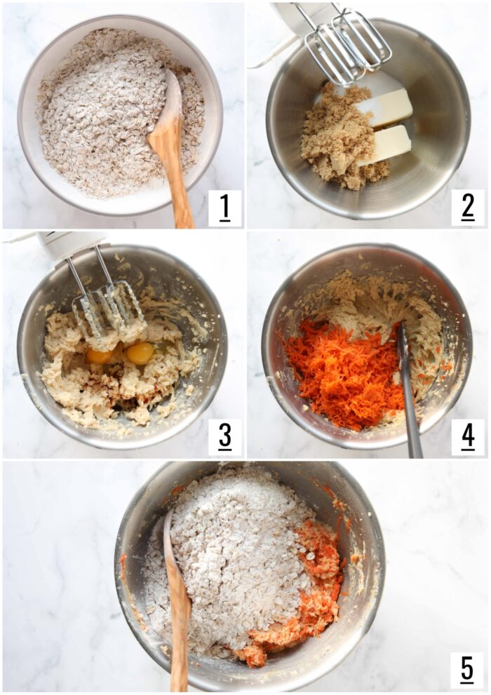 Steps to make oatmeal carrot cake cookies.