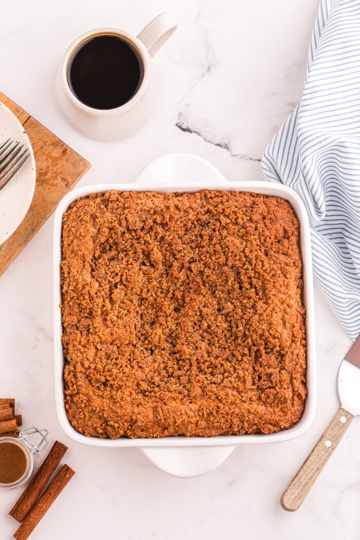 Fully baked cinnamon coffee cake in a 8x8-inch pan.