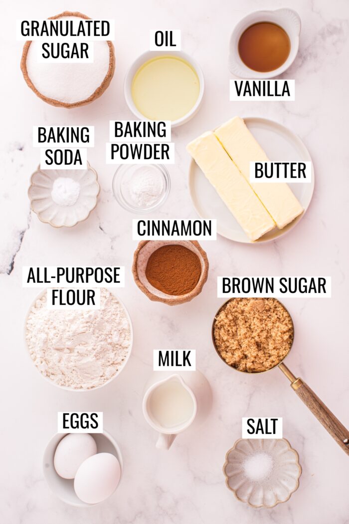 Labeled ingredients needed to make Cinnamon Coffee Cake.