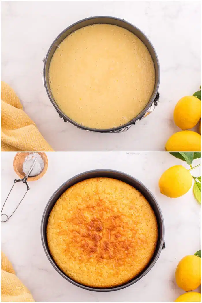 Before and after baking lemon olive oil cake.