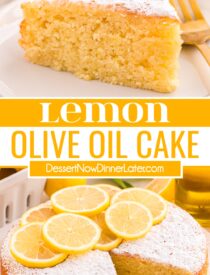 Pinterest collage of Lemon Olive Oil Cake with two images and text in the center.