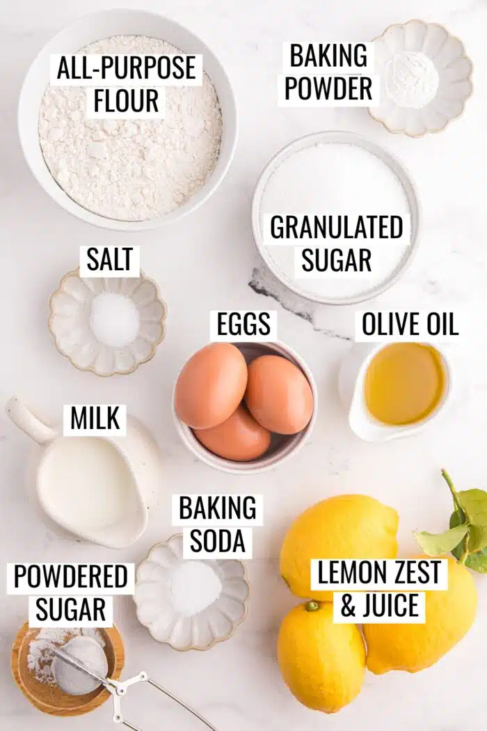 Labeled ingredients needed to make lemon olive oil cake.