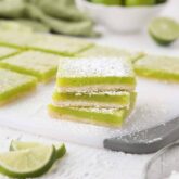 Lime Bars are exactly like lemon bars, but made with limes instead. A shortbread crust is topped with a tangy lime custard. Easy and delicious!